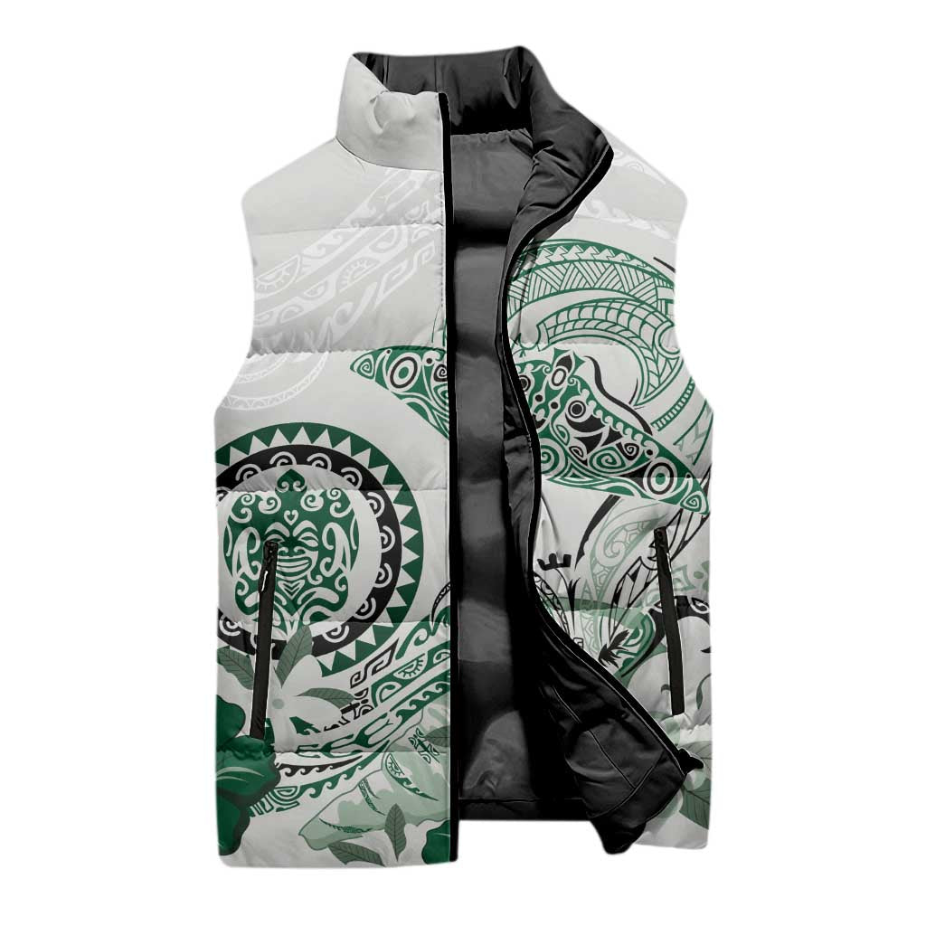Polynesian Manta Ray Sleeveless Puffer Jacket Green Floral Turtle Tattoo LT9 - Polynesian Pride