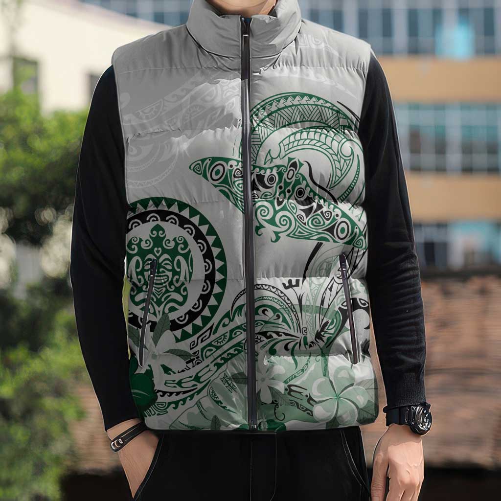 Polynesian Manta Ray Sleeveless Puffer Jacket Green Floral Turtle Tattoo LT9 - Polynesian Pride