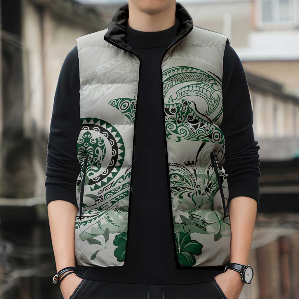 Polynesian Manta Ray Sleeveless Puffer Jacket Green Floral Turtle Tattoo LT9 - Polynesian Pride