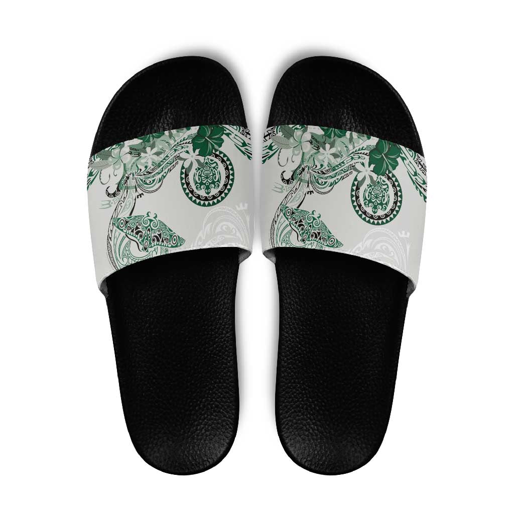 Polynesian Manta Ray Slide Sandals Green Floral Turtle Tattoo - Polynesian Pride
