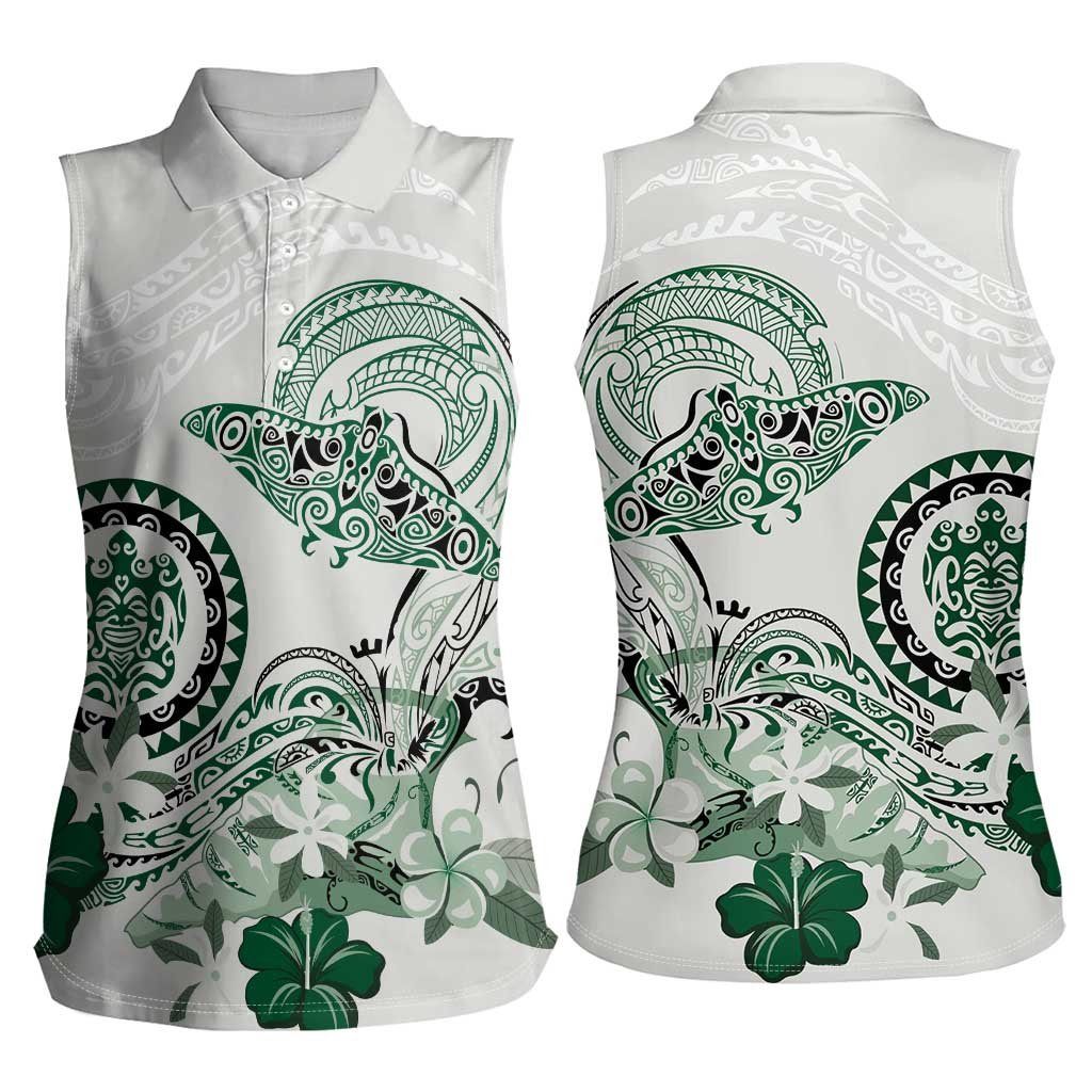 Polynesian Manta Ray Women Sleeveless Polo Shirt Green Floral Turtle Tattoo LT9 - Polynesian Pride