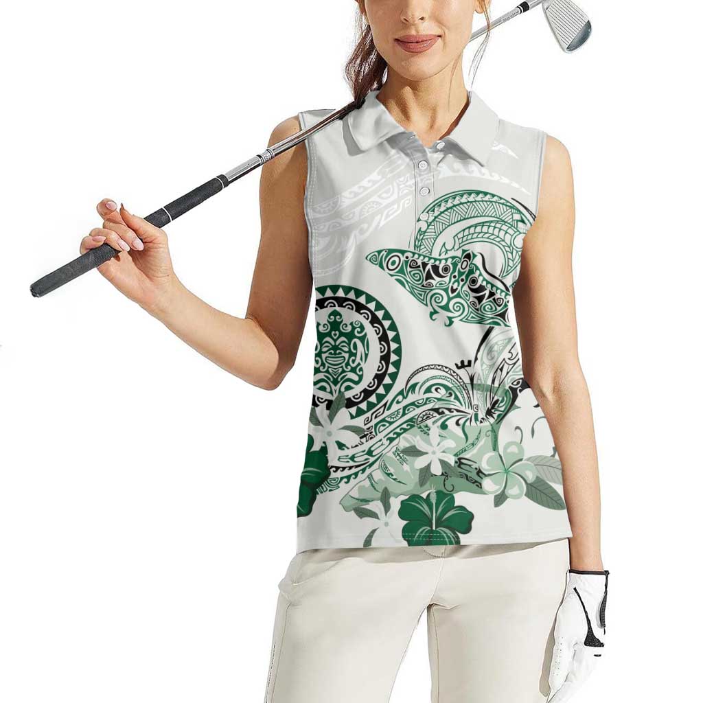 Polynesian Manta Ray Women Sleeveless Polo Shirt Green Floral Turtle Tattoo LT9 - Polynesian Pride