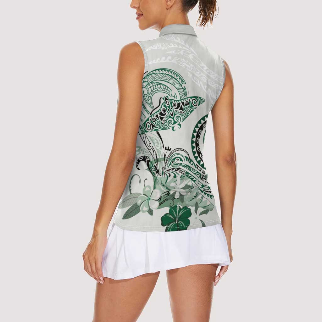 Polynesian Manta Ray Women Sleeveless Polo Shirt Green Floral Turtle Tattoo LT9 - Polynesian Pride