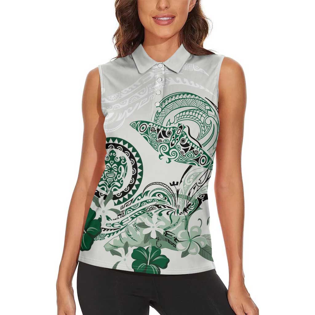 Polynesian Manta Ray Women Sleeveless Polo Shirt Green Floral Turtle Tattoo LT9 - Polynesian Pride