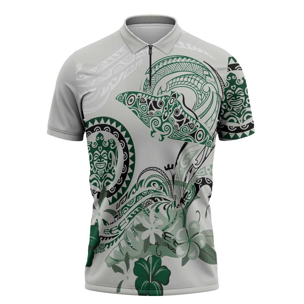 Polynesian Manta Ray Zipper Polo Shirt Green Floral Turtle Tattoo LT9 Green - Polynesian Pride