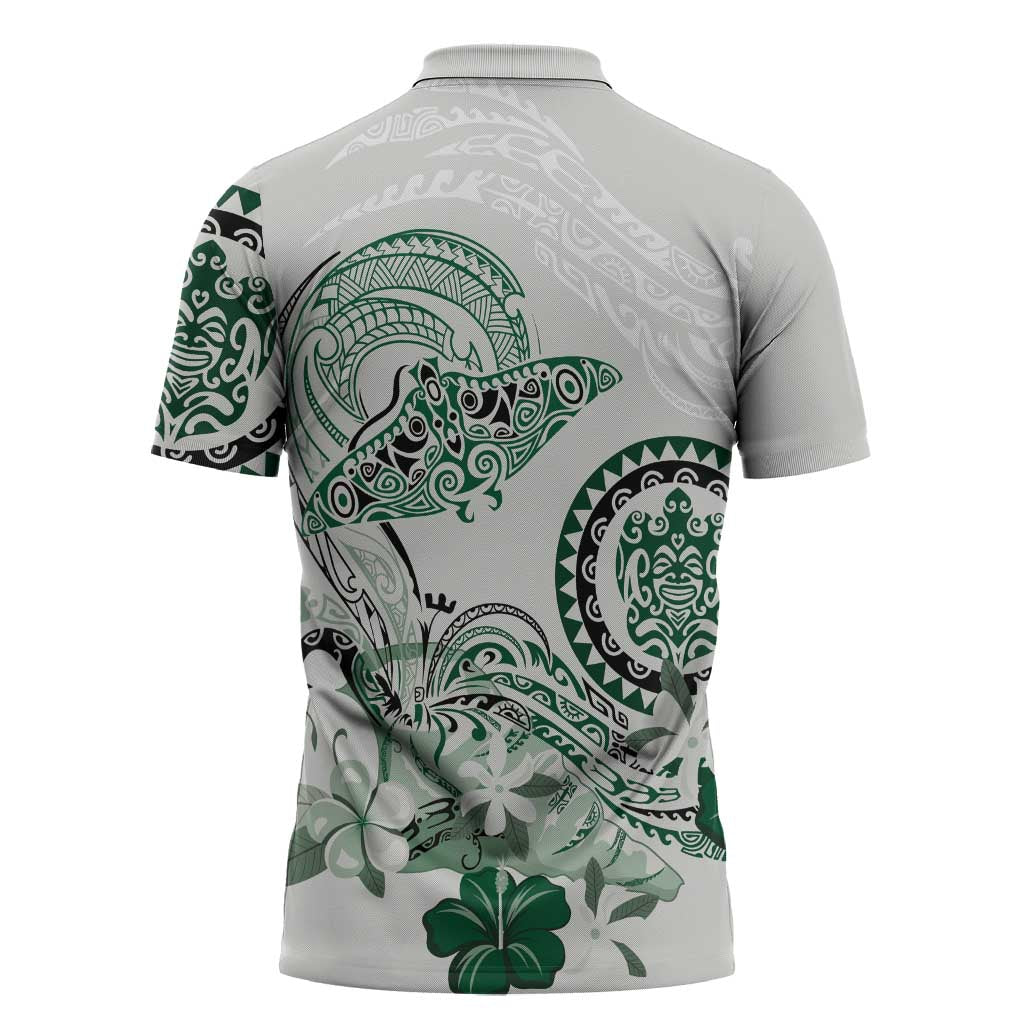 Polynesian Manta Ray Zipper Polo Shirt Green Floral Turtle Tattoo LT9 - Polynesian Pride