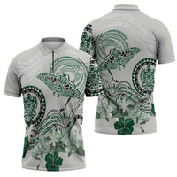 Polynesian Manta Ray Zipper Polo Shirt Green Floral Turtle Tattoo LT9 - Polynesian Pride