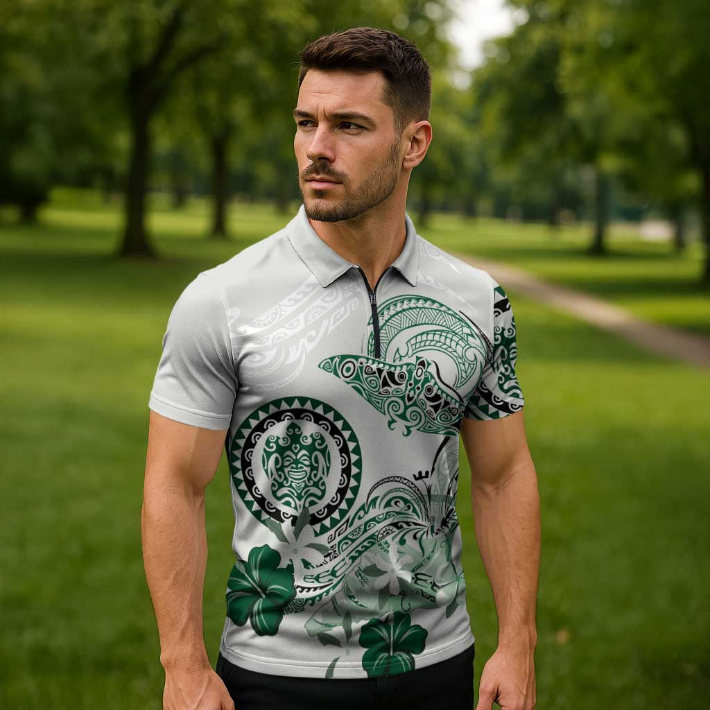 Polynesian Manta Ray Zipper Polo Shirt Green Floral Turtle Tattoo LT9 - Polynesian Pride