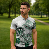 Polynesian Manta Ray Zipper Polo Shirt Green Floral Turtle Tattoo LT9 - Polynesian Pride