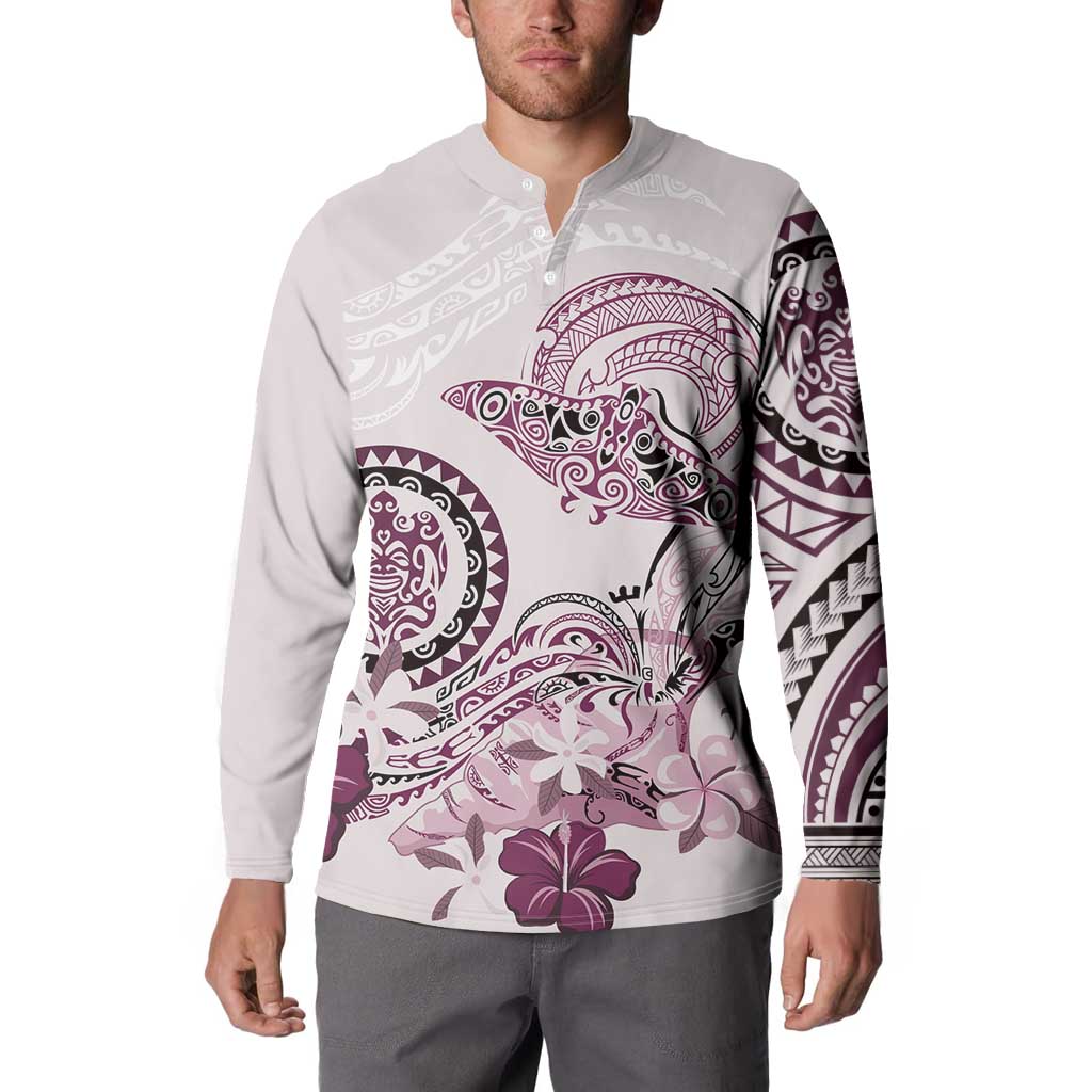 Polynesian Manta Ray Button Sweatshirt Pink Floral Turtle Tattoo LT9 - Polynesian Pride