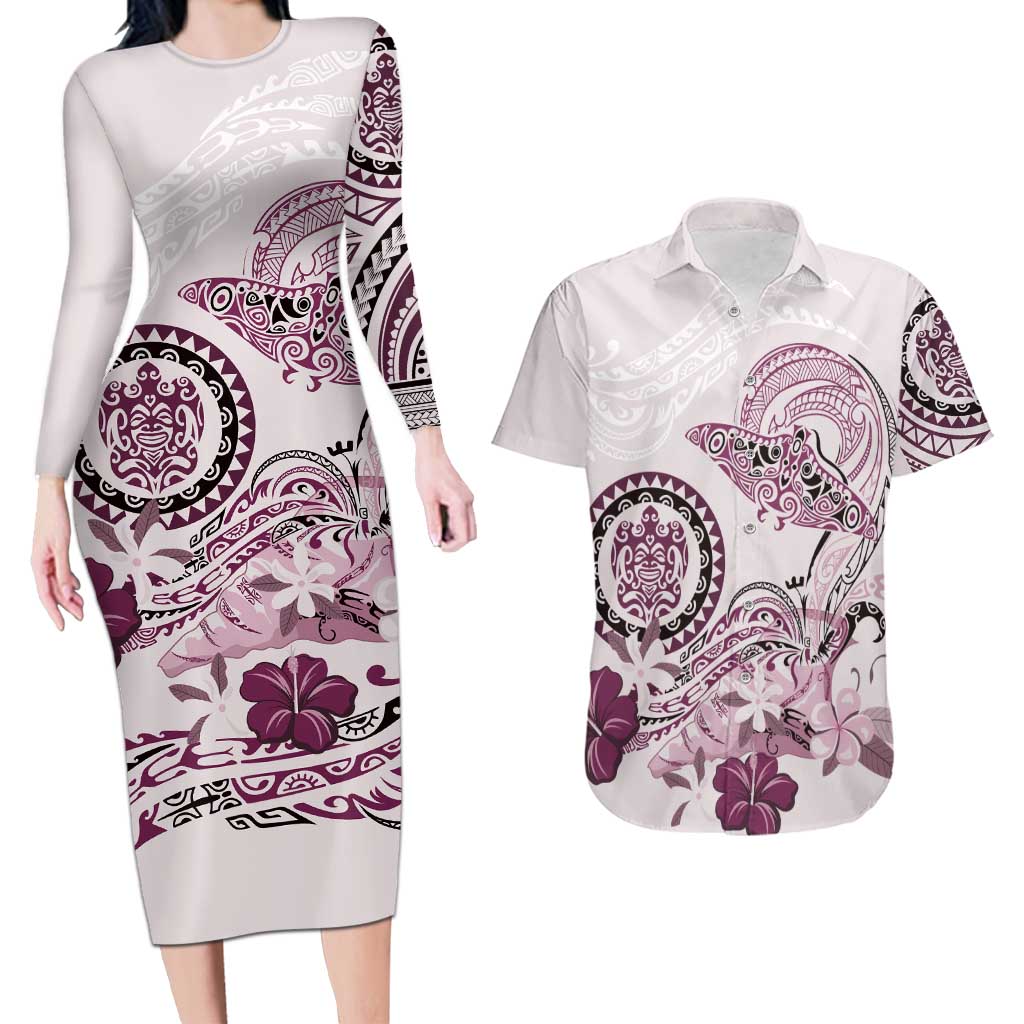 Polynesian Manta Ray Couples Matching Long Sleeve Bodycon Dress and Hawaiian Shirt Pink Floral Turtle Tattoo - Polynesian Pride