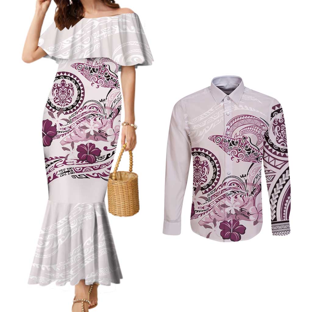 Polynesian Manta Ray Couples Matching Mermaid Dress and Long Sleeve Button Shirt Pink Floral Turtle Tattoo - Polynesian Pride