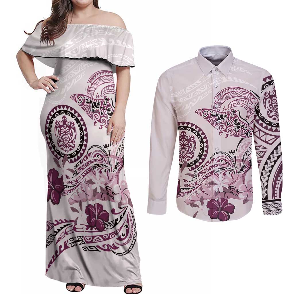 Polynesian Manta Ray Couples Matching Off Shoulder Maxi Dress and Long Sleeve Button Shirt Pink Floral Turtle Tattoo LT9 Pink - Polynesian Pride