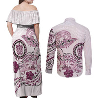 Polynesian Manta Ray Couples Matching Off Shoulder Maxi Dress and Long Sleeve Button Shirt Pink Floral Turtle Tattoo LT9 - Polynesian Pride