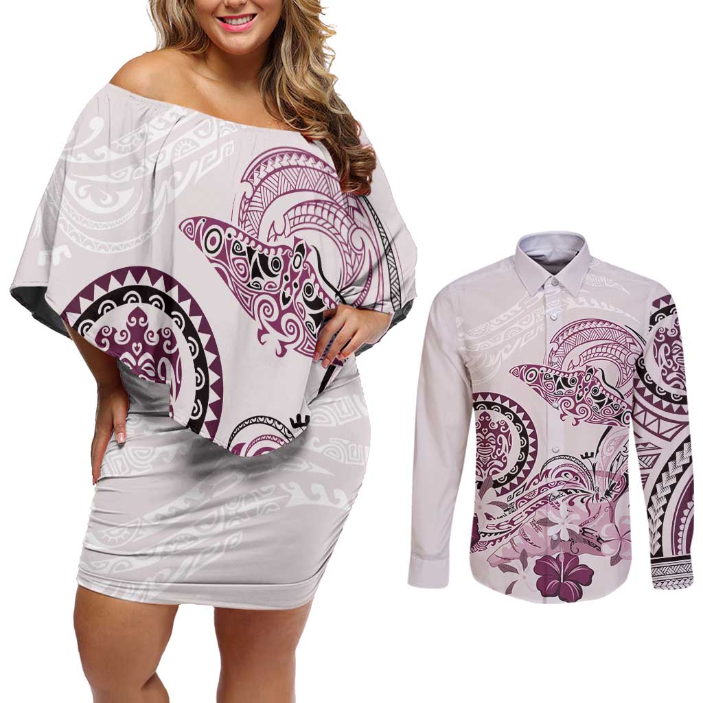 Polynesian Manta Ray Couples Matching Off Shoulder Short Dress and Long Sleeve Button Shirt Pink Floral Turtle Tattoo LT9 Pink - Polynesian Pride