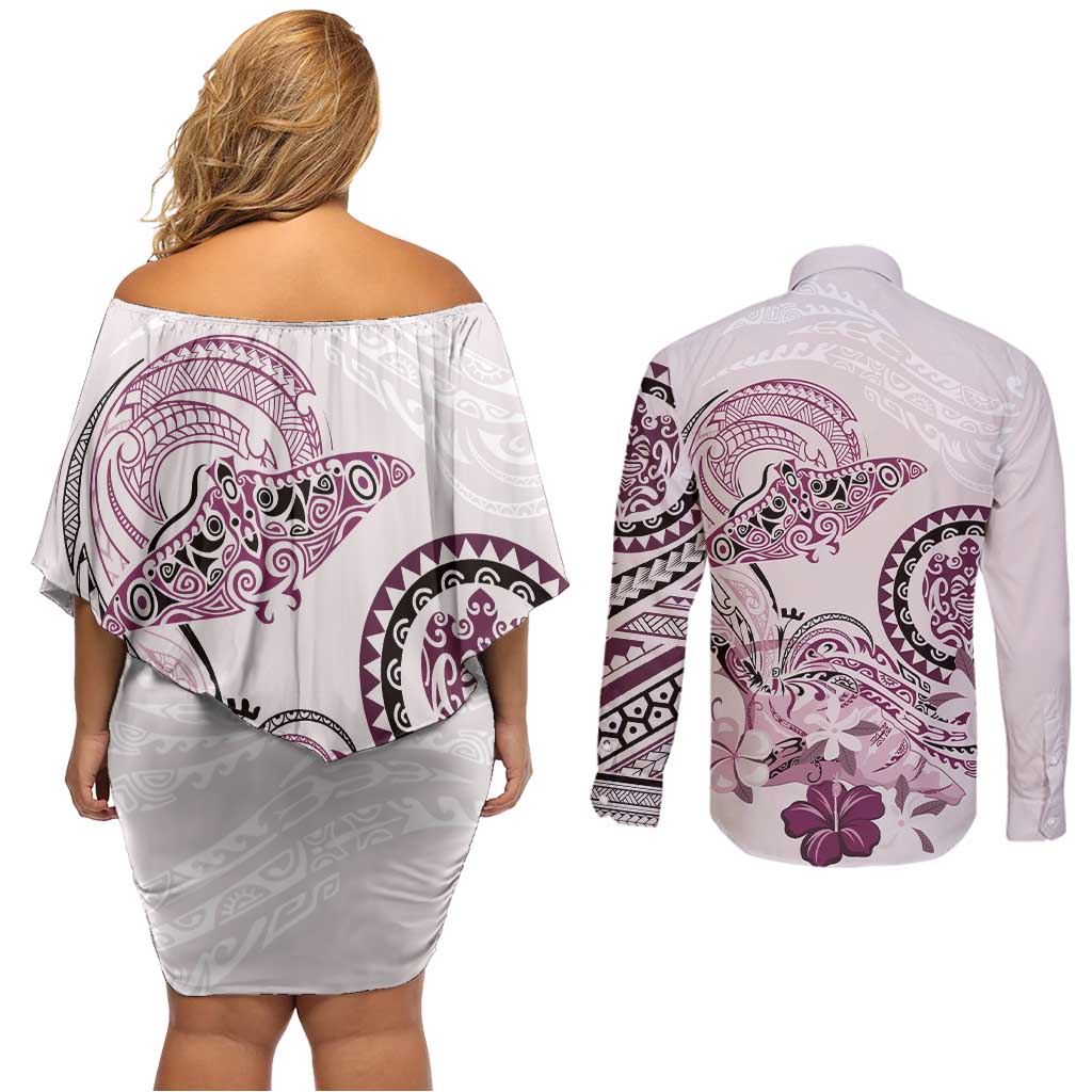 Polynesian Manta Ray Couples Matching Off Shoulder Short Dress and Long Sleeve Button Shirt Pink Floral Turtle Tattoo LT9 - Polynesian Pride