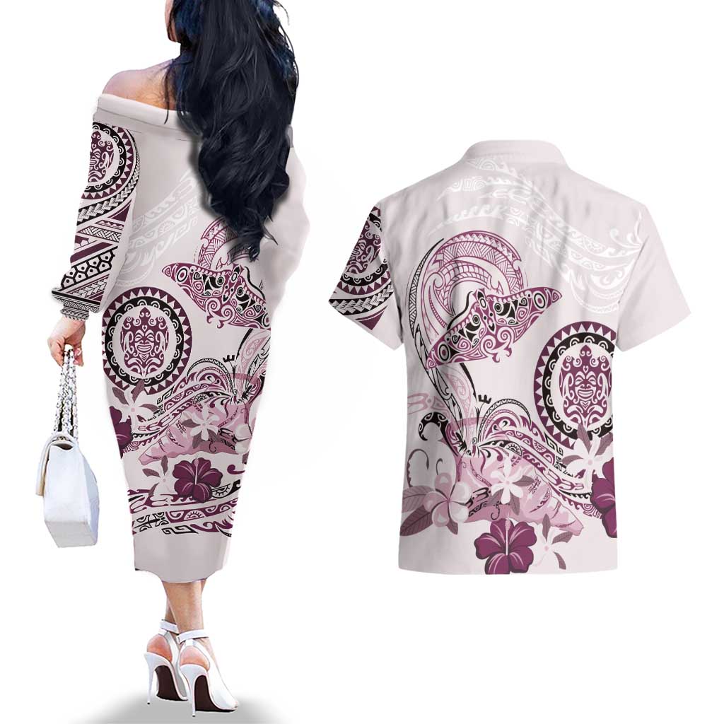 Polynesian Manta Ray Couples Matching Off The Shoulder Long Sleeve Dress and Hawaiian Shirt Pink Floral Turtle Tattoo - Polynesian Pride