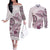 Polynesian Manta Ray Couples Matching Off The Shoulder Long Sleeve Dress and Long Sleeve Button Shirt Pink Floral Turtle Tattoo - Polynesian Pride