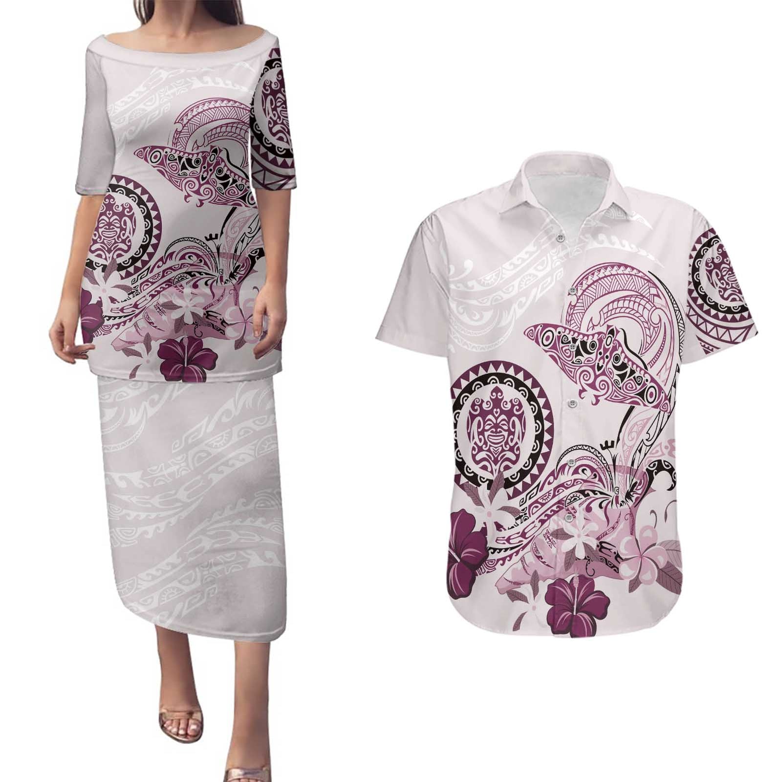 Polynesian Manta Ray Couples Matching Puletasi and Hawaiian Shirt Pink Floral Turtle Tattoo LT9 Pink - Polynesian Pride