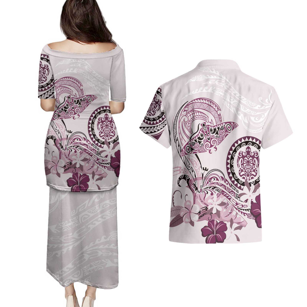 Polynesian Manta Ray Couples Matching Puletasi and Hawaiian Shirt Pink Floral Turtle Tattoo - Polynesian Pride