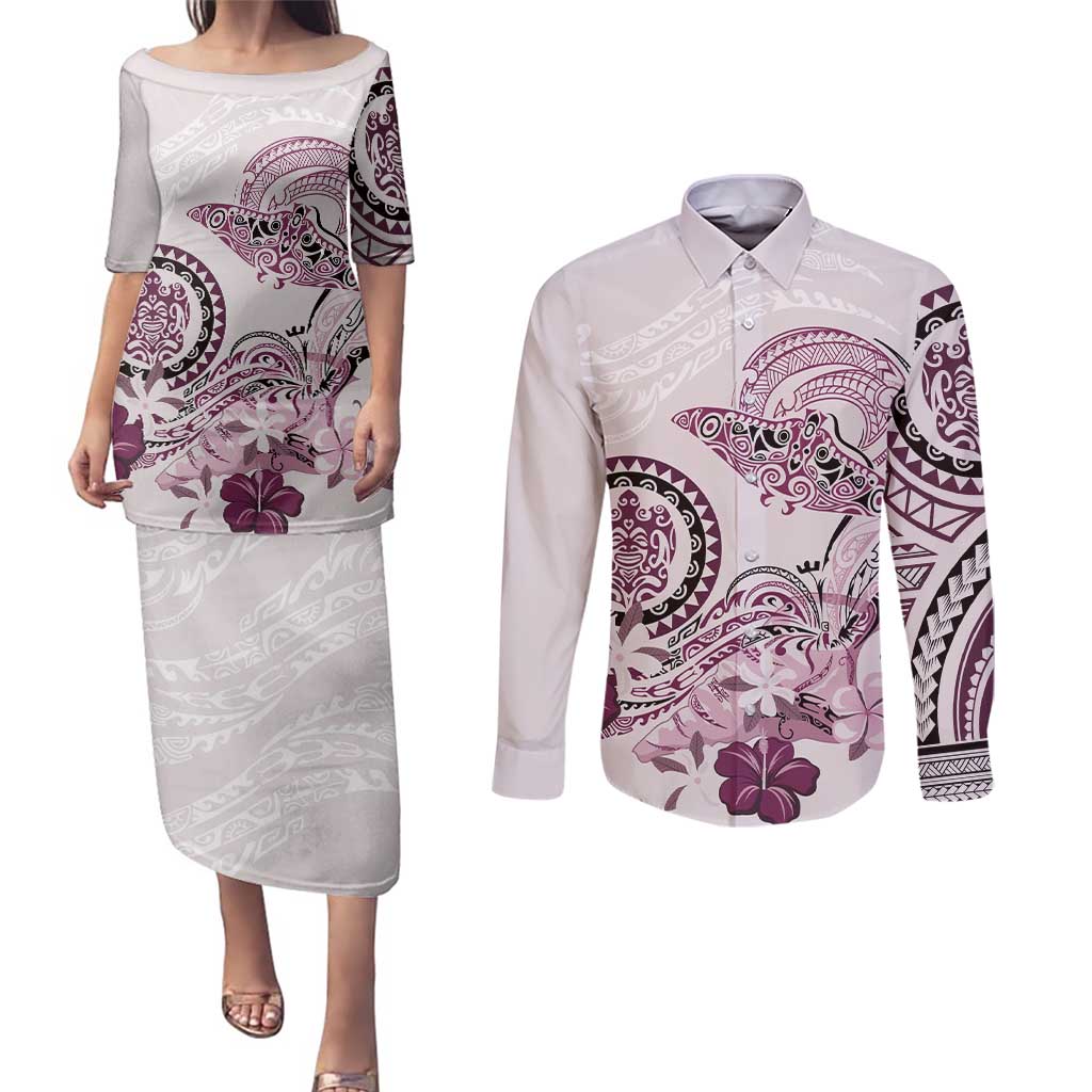 Polynesian Manta Ray Couples Matching Puletasi and Long Sleeve Button Shirt Pink Floral Turtle Tattoo LT9 Pink - Polynesian Pride
