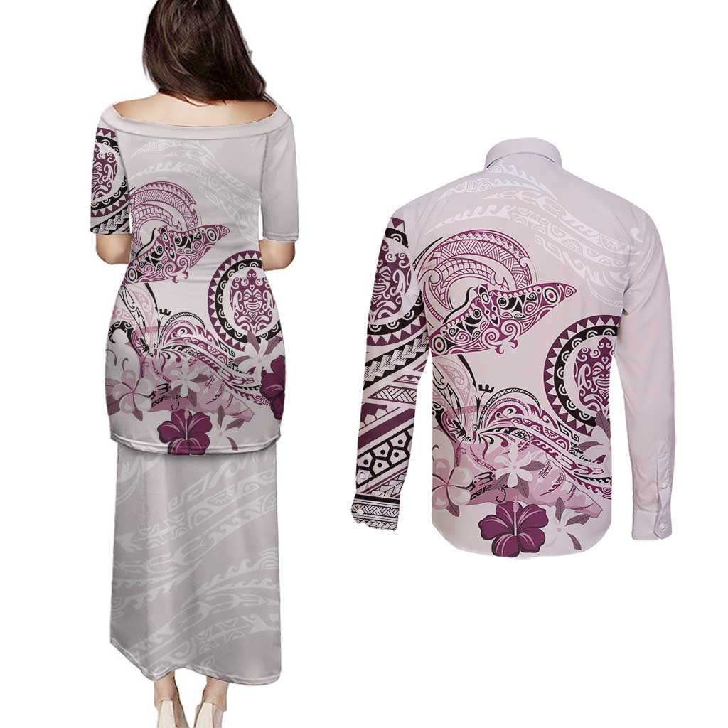 Polynesian Manta Ray Couples Matching Puletasi and Long Sleeve Button Shirt Pink Floral Turtle Tattoo LT9 - Polynesian Pride