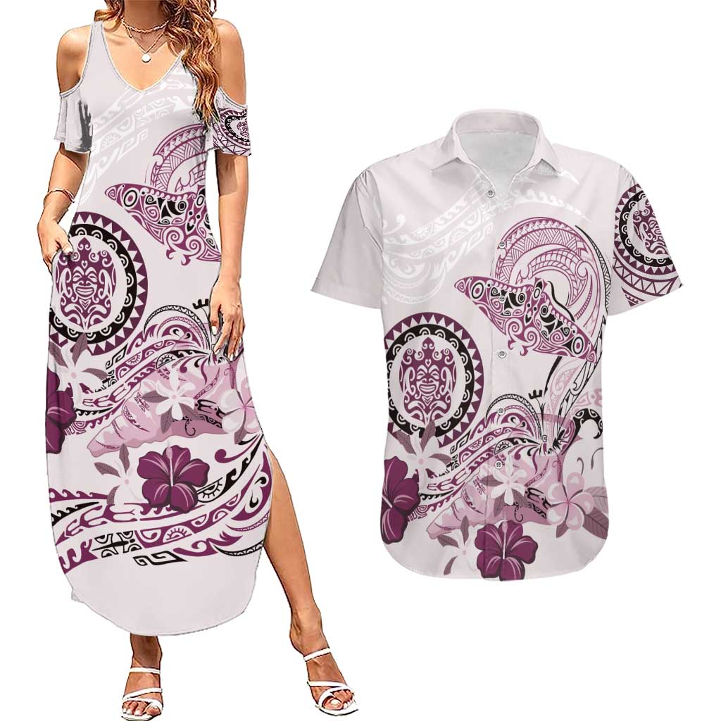 Polynesian Manta Ray Couples Matching Summer Maxi Dress and Hawaiian Shirt Pink Floral Turtle Tattoo - Polynesian Pride