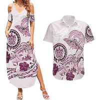 Polynesian Manta Ray Couples Matching Summer Maxi Dress and Hawaiian Shirt Pink Floral Turtle Tattoo - Polynesian Pride