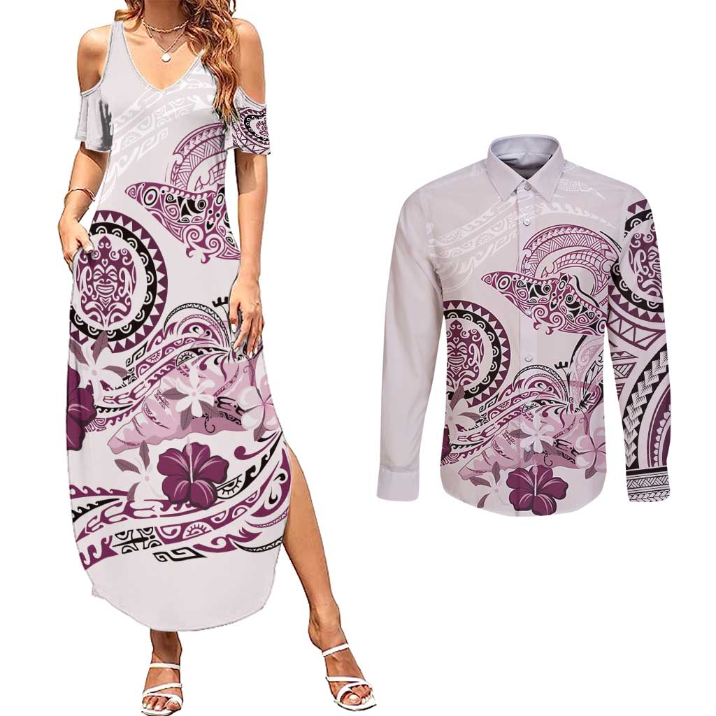 Polynesian Manta Ray Couples Matching Summer Maxi Dress and Long Sleeve Button Shirt Pink Floral Turtle Tattoo LT9 Pink - Polynesian Pride