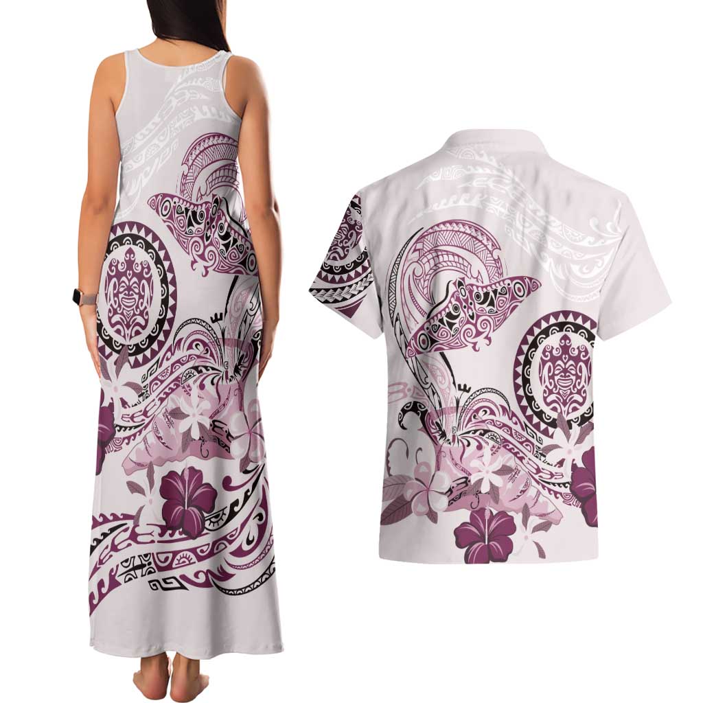Polynesian Manta Ray Couples Matching Tank Maxi Dress and Hawaiian Shirt Pink Floral Turtle Tattoo - Polynesian Pride