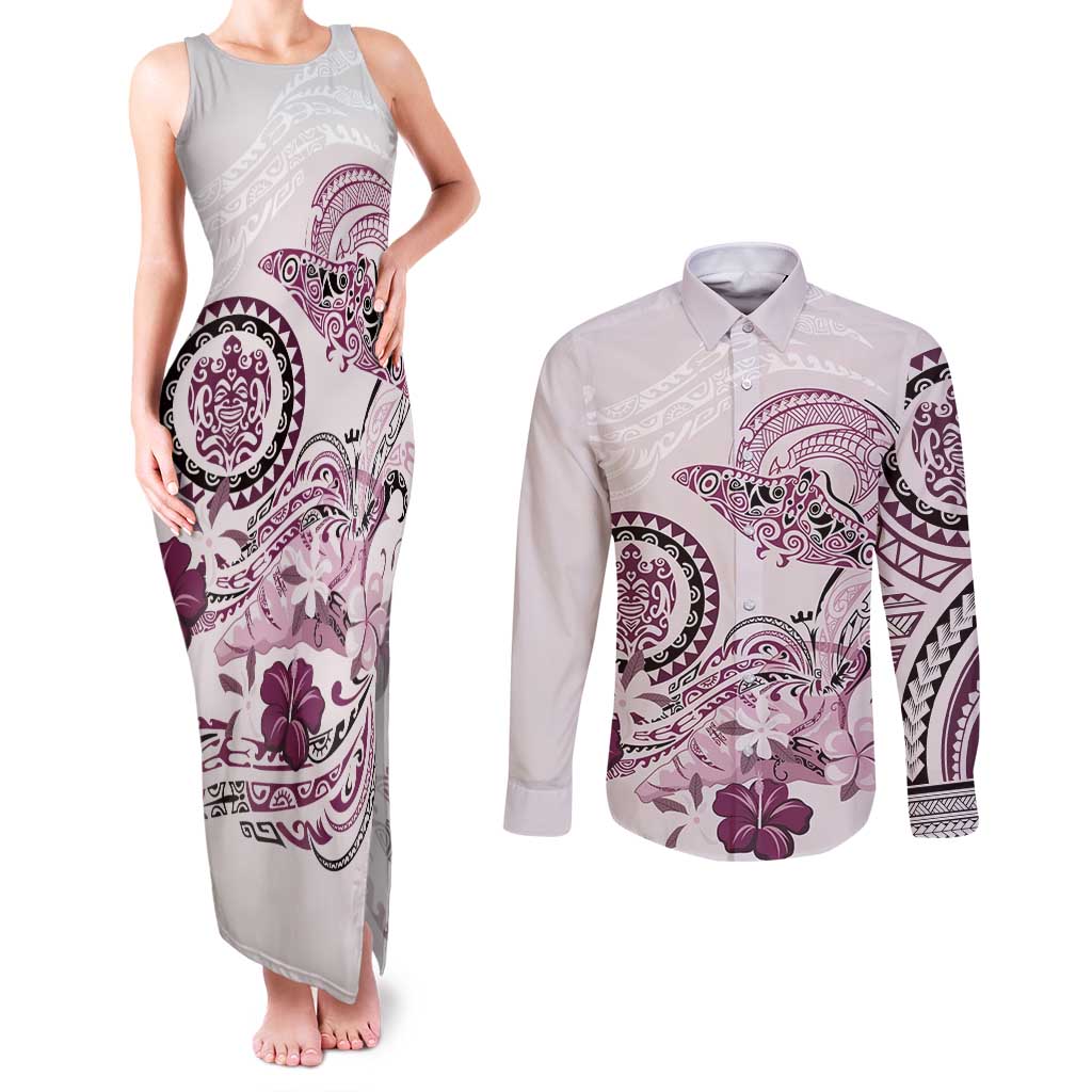 Polynesian Manta Ray Couples Matching Tank Maxi Dress and Long Sleeve Button Shirt Pink Floral Turtle Tattoo LT9 Pink - Polynesian Pride