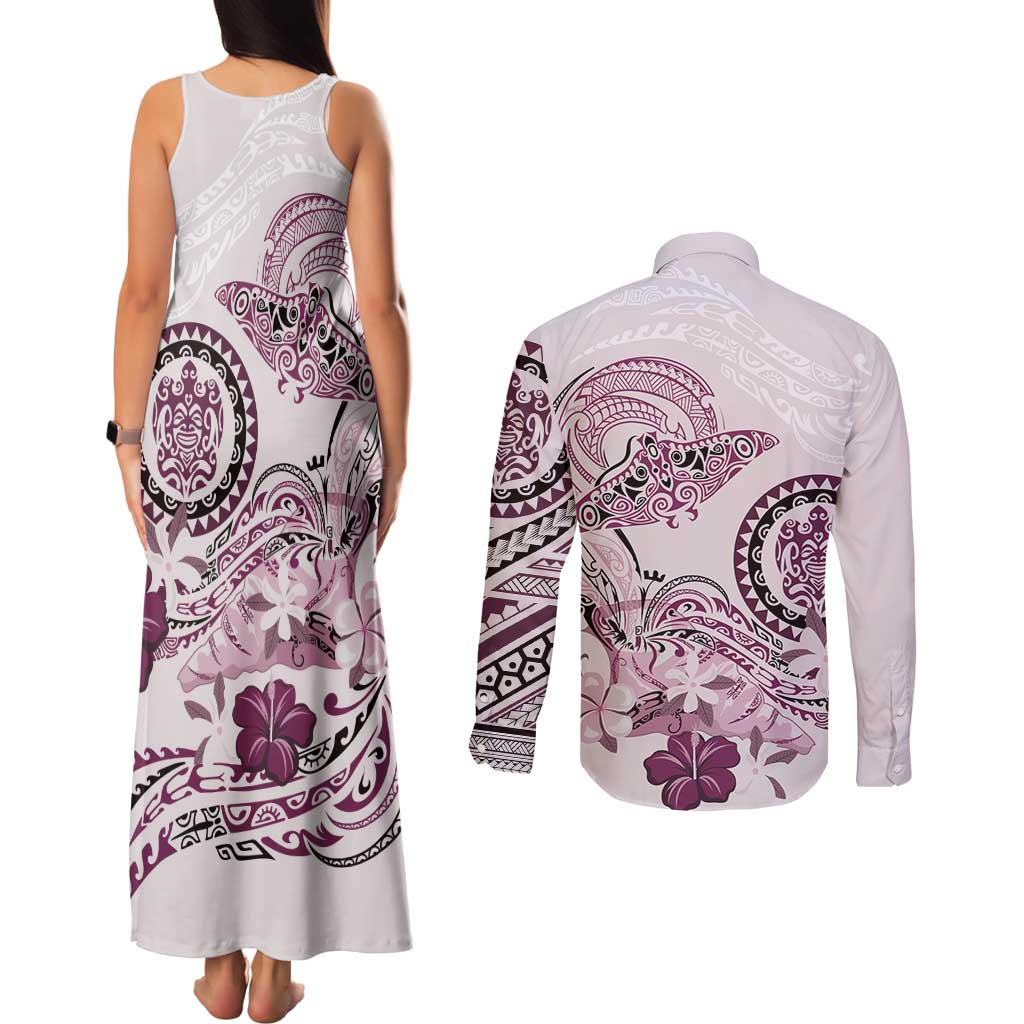 Polynesian Manta Ray Couples Matching Tank Maxi Dress and Long Sleeve Button Shirt Pink Floral Turtle Tattoo LT9 - Polynesian Pride