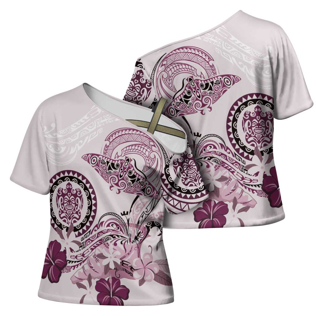 Polynesian Manta Ray Cross Shoulder Shirt Pink Floral Turtle Tattoo LT9 - Polynesian Pride