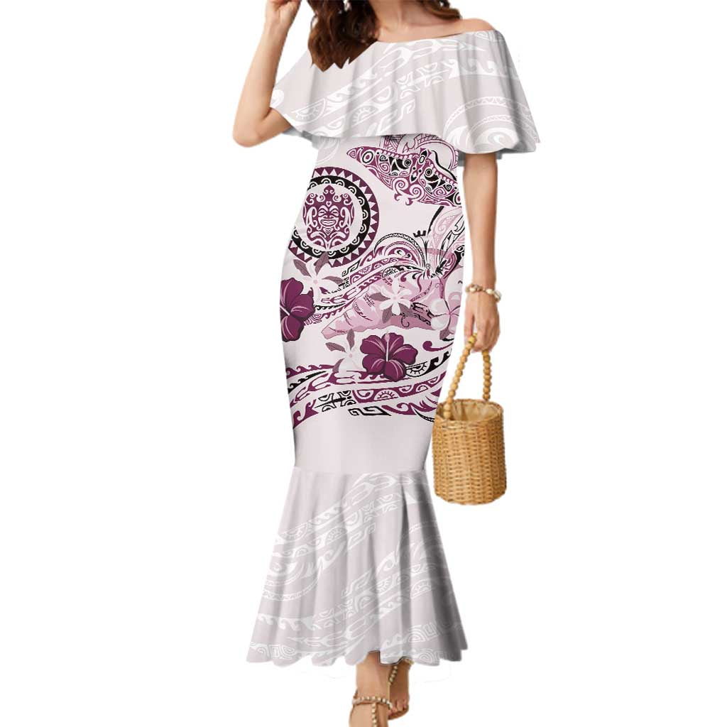 Polynesian Manta Ray Family Matching Mermaid Dress and Hawaiian Shirt Pink Floral Turtle Tattoo - Polynesian Pride