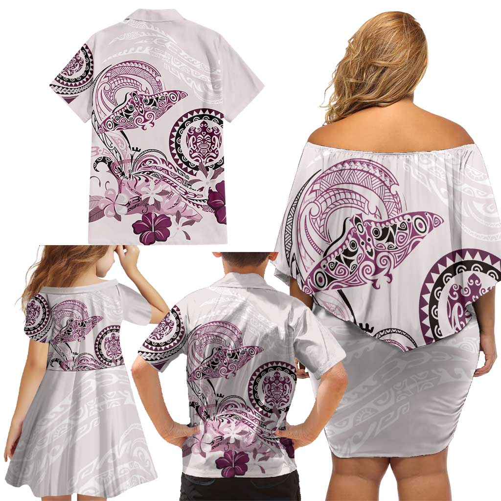 Polynesian Manta Ray Family Matching Off Shoulder Short Dress and Hawaiian Shirt Pink Floral Turtle Tattoo - Polynesian Pride