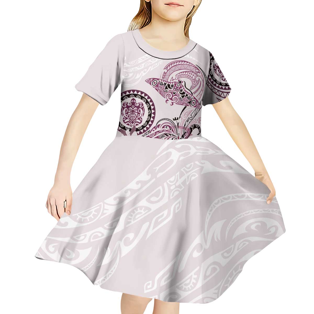 Polynesian Manta Ray Kid Short Sleeve Dress Pink Floral Turtle Tattoo - Polynesian Pride
