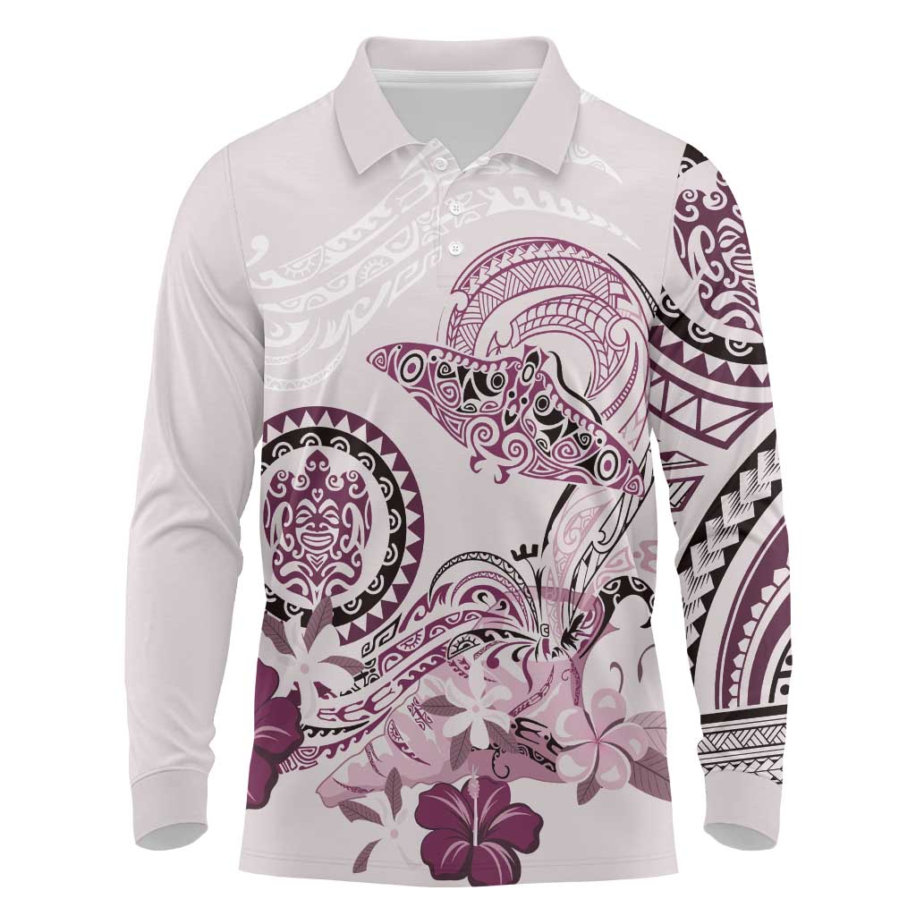 Polynesian Manta Ray Long Sleeve Polo Shirt Pink Floral Turtle Tattoo LT9 Pink - Polynesian Pride