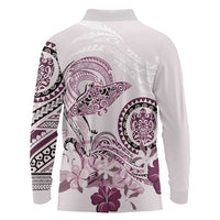 Polynesian Manta Ray Long Sleeve Polo Shirt Pink Floral Turtle Tattoo LT9 - Polynesian Pride