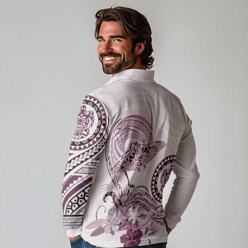 Polynesian Manta Ray Long Sleeve Polo Shirt Pink Floral Turtle Tattoo LT9 - Polynesian Pride