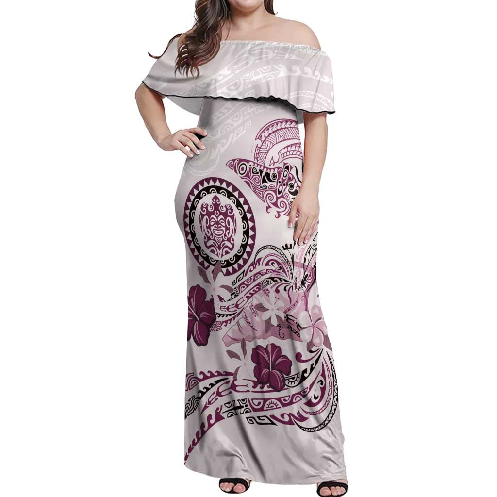 Polynesian Manta Ray Off Shoulder Maxi Dress Pink Floral Turtle Tattoo - Polynesian Pride