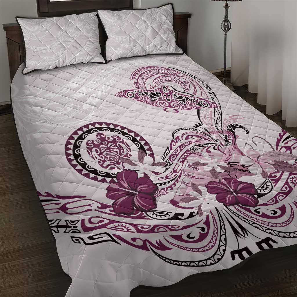 Polynesian Manta Ray Quilt Bed Set Pink Floral Turtle Tattoo - Polynesian Pride