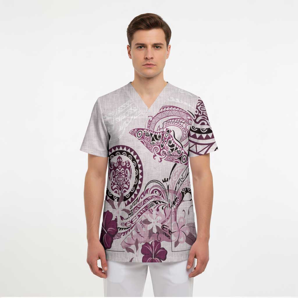 Polynesian Manta Ray Scrub Top Pink Floral Turtle Tattoo - Polynesian Pride