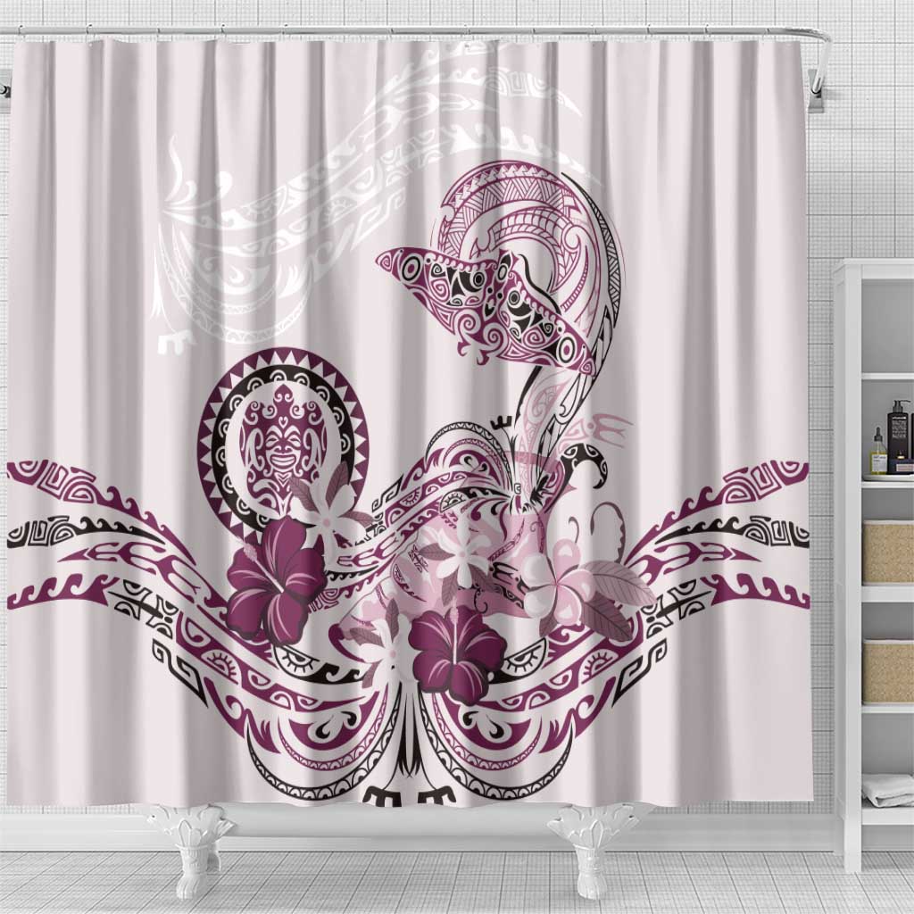 Polynesian Manta Ray Shower Curtain Pink Floral Turtle Tattoo - Polynesian Pride
