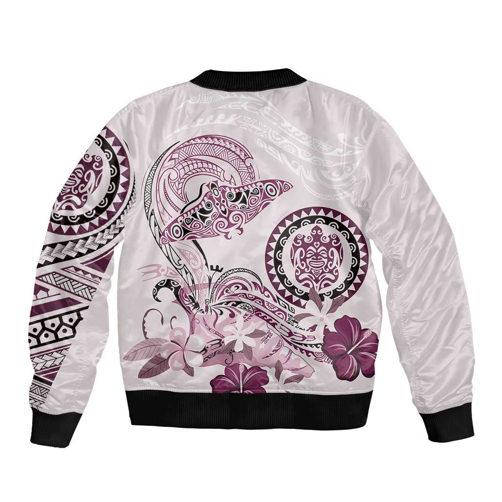 Polynesian Manta Ray Sleeve Zip Bomber Jacket Pink Floral Turtle Tattoo - Polynesian Pride