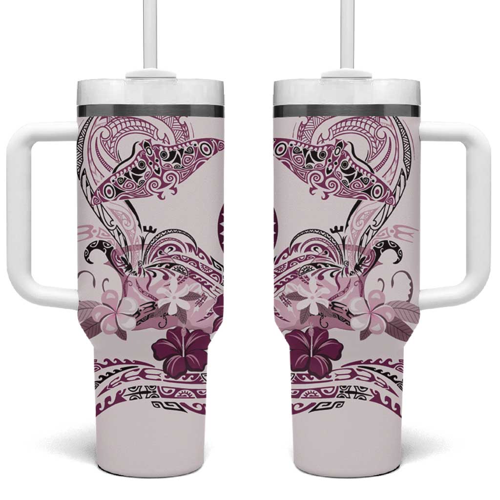 Polynesian Manta Ray Tumbler With Handle Pink Floral Turtle Tattoo - Polynesian Pride
