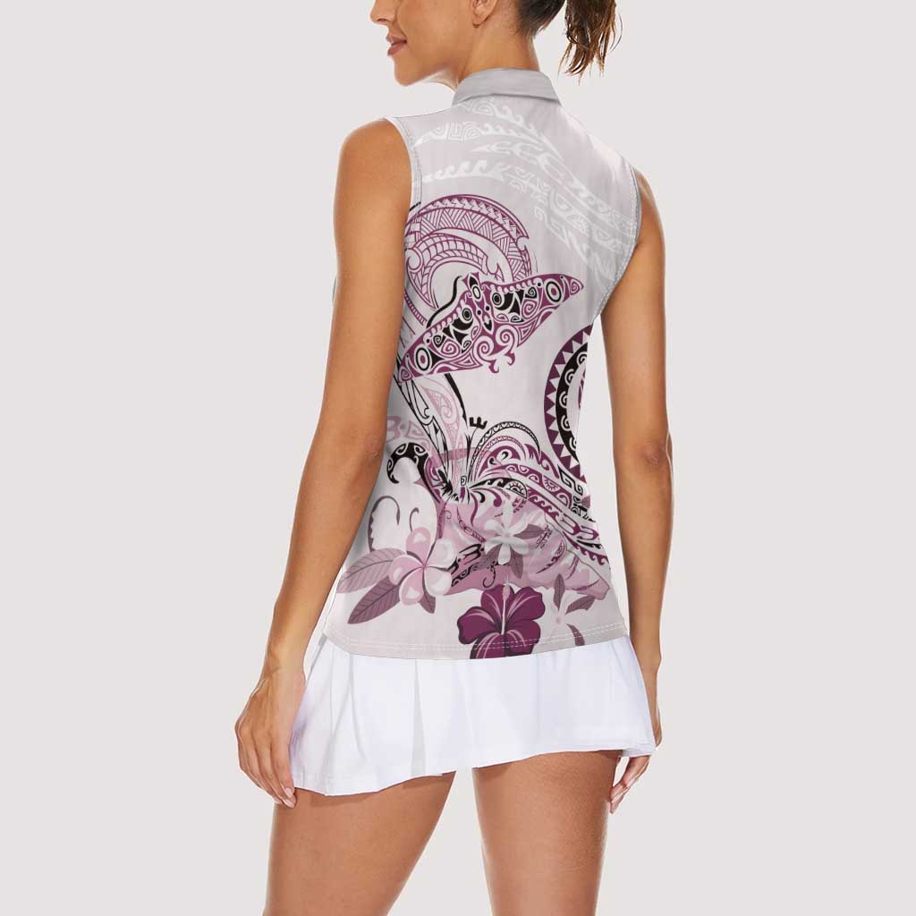 Polynesian Manta Ray Women Sleeveless Polo Shirt Pink Floral Turtle Tattoo LT9 - Polynesian Pride