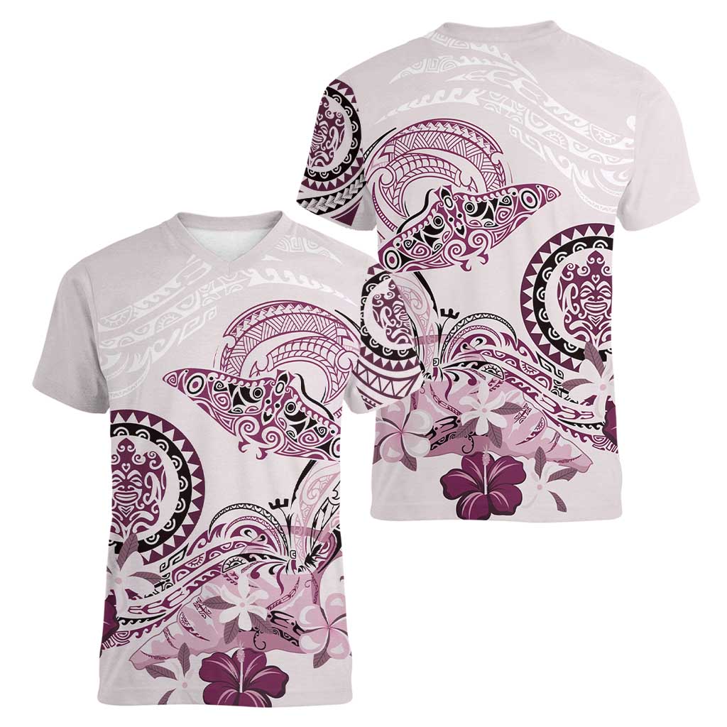 Polynesian Manta Ray Women V-Neck T-Shirt Pink Floral Turtle Tattoo - Polynesian Pride