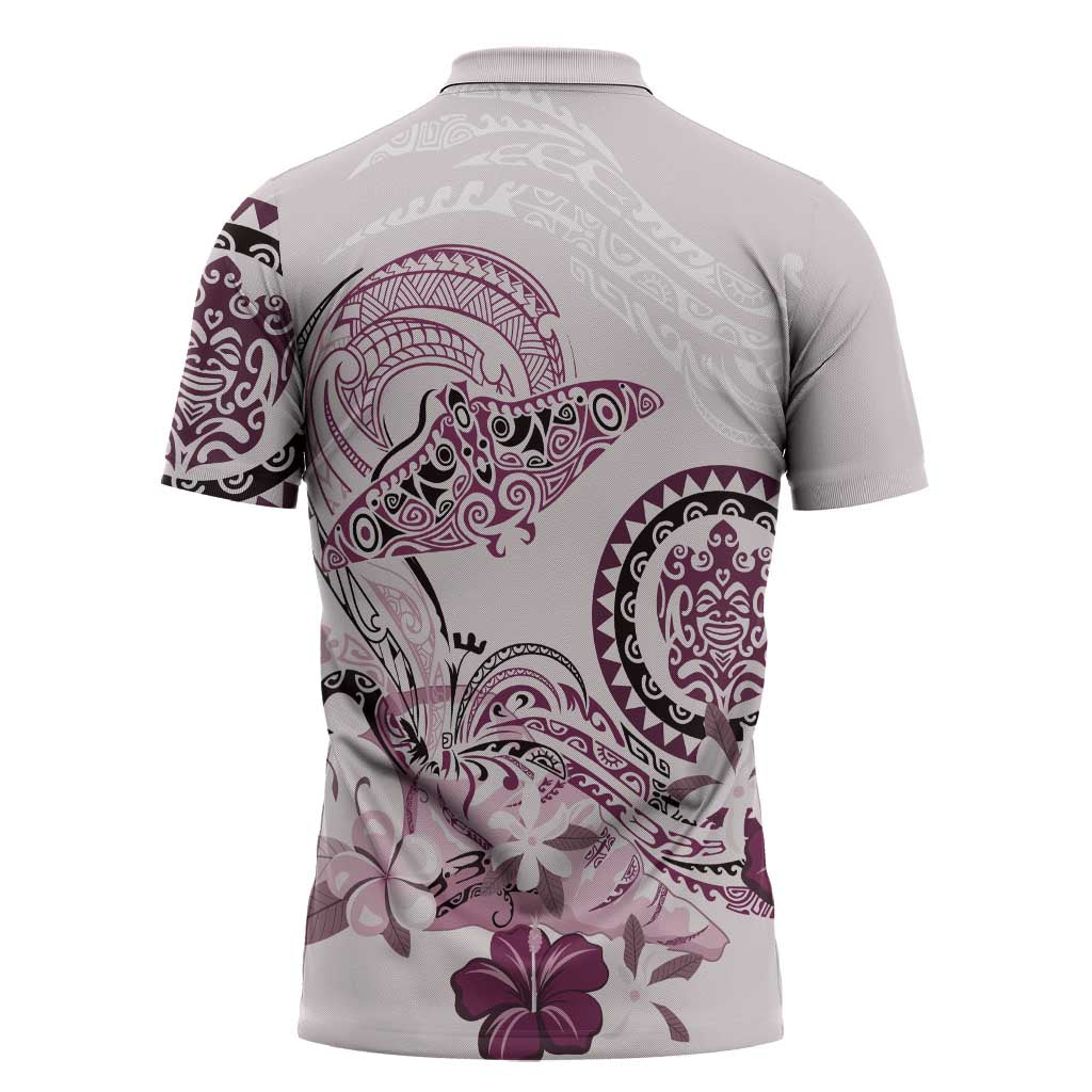 Polynesian Manta Ray Zipper Polo Shirt Pink Floral Turtle Tattoo LT9 - Polynesian Pride