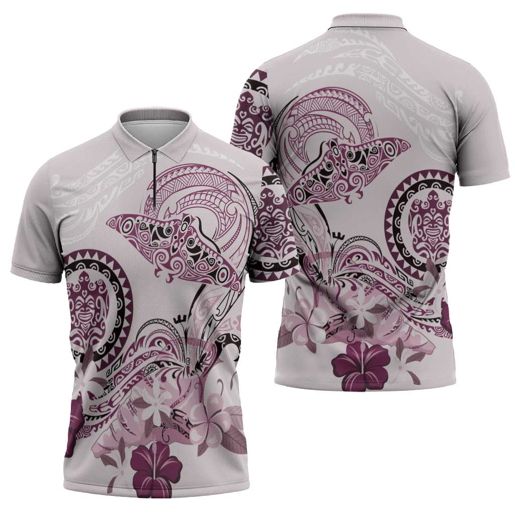 Polynesian Manta Ray Zipper Polo Shirt Pink Floral Turtle Tattoo LT9 - Polynesian Pride
