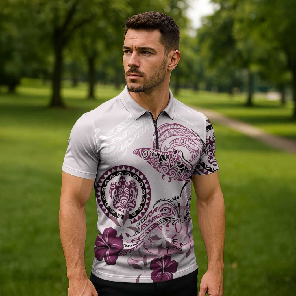 Polynesian Manta Ray Zipper Polo Shirt Pink Floral Turtle Tattoo LT9 - Polynesian Pride